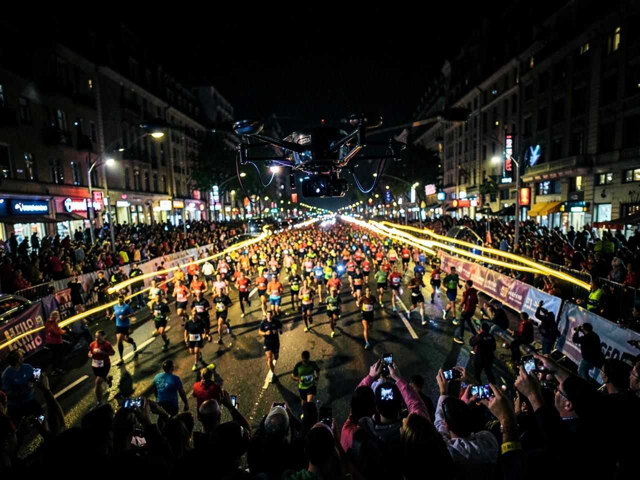 Drone filming a night marathon